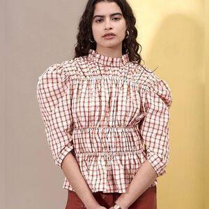 Anthropologie GHOSPELL SUNRISE CHECK RUCHED Checkered Puff Sleeve Blouse Top
